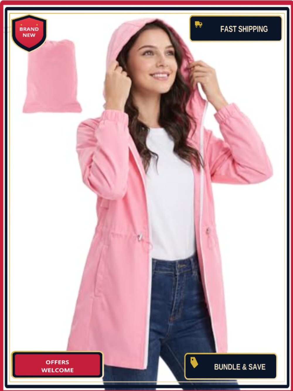 Packable Waterproof Rain Jacket with Hood, Lightweight Long Trench Coat for